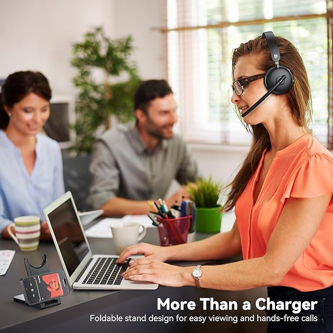 Dytole Wireless Headset with Mic for Work-Bluetooth 5.3 Headset with Noise Cancelling, Wireless Headsets with 65Hrs Battery & 10Min Fast Charge, Smart Dock with Digital Display for PC/Computer/Teams