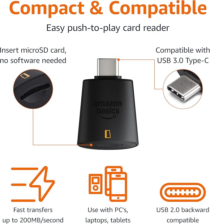 Amazon Basics Micro SD Card Reader USB-C 3.0, High Speed Data Transfer up to 200MB/s, Compatible with Smartphones, Tablets, Laptops