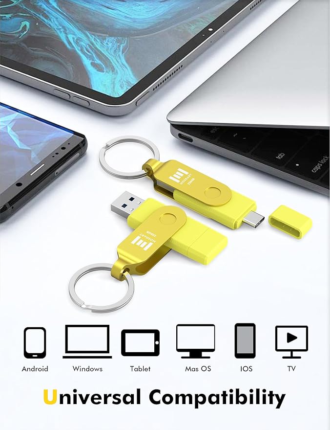 MOSDART 256GB USB C 3.2 Fast Speed C and A Dual Flash Drive, exFAT Memory Stick with Keychain and LED Indicator, for iPhone 15,16, 17, Android Phone, iPad, MacBook, and Other Laptops,Yellow