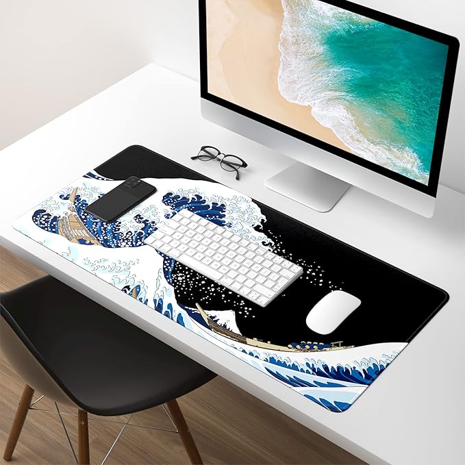Atufsuat Extended Gaming Mouse Pad, XXL Large Desk Pad 30 x 14 Inch, Big Computer Keyboard Mousepad, Waterproof Mouse Mat with Stitched Edges and Non-Slip Base for Women Office Gaming, Sea Waves