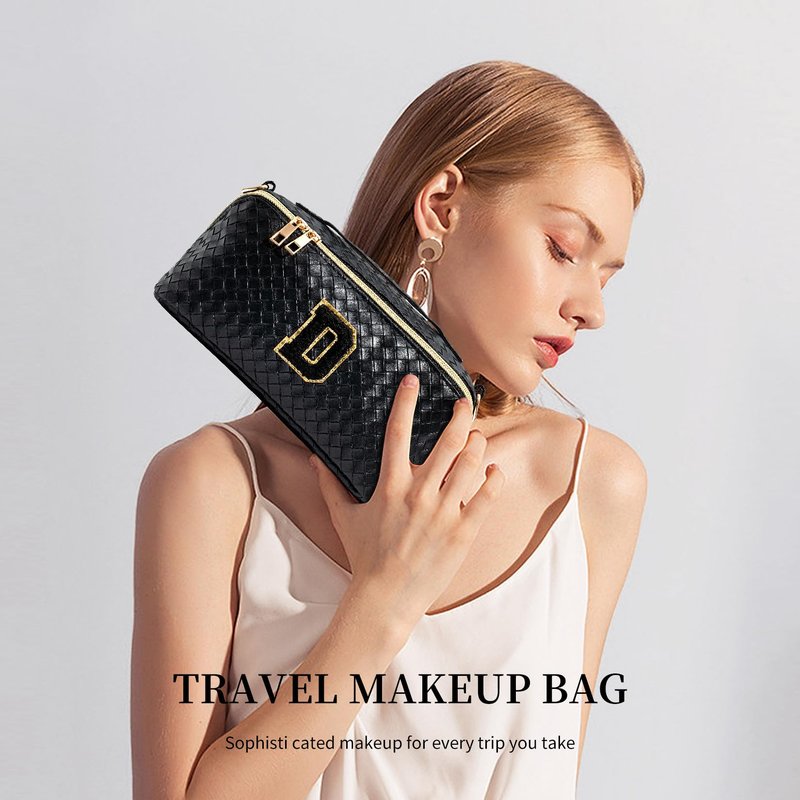 Yulaviniee Initial Makeup Bag,Large Capacity Travel Cosmetic Bag with Shoulder Strap,Portable Leather Open Flat Make Up Organizer Bag,Makeup Toiletry Bag with Handle and Compartments