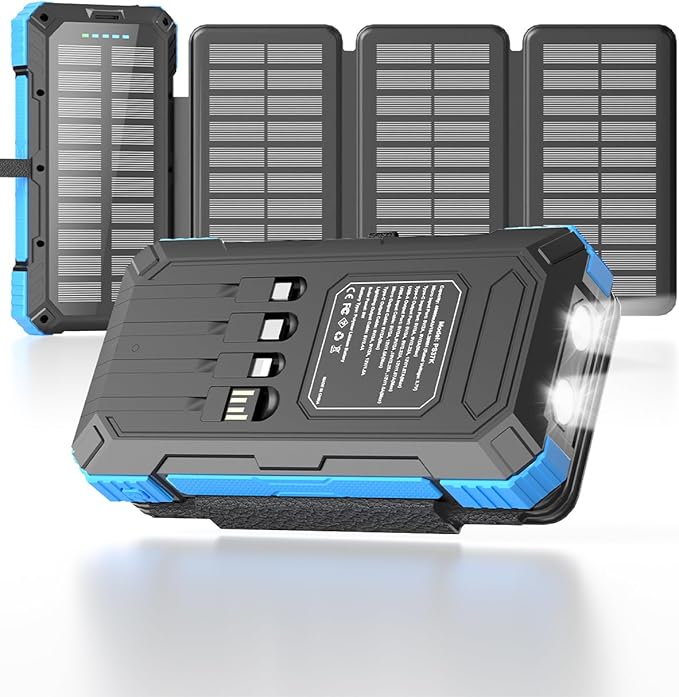Kepswin Solar Charger Power Bank 49800mAh with 4 Built-in Cables & 3 Foldable Panels, PD22.5W Fast Portable Phone Charger, External Battery Pack with USB-C in/Output & Flashlight for Outdoor Camping