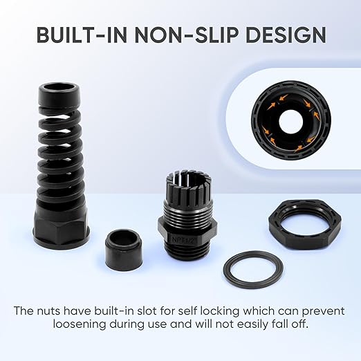 Strain Relief Cord Connector,LISTENJIALE 5Pcs NPT 1/2" Waterproof Cable Gland Flex Spiral Strain Relief Adjustable 6-12mm Cable Connector Nylon Joint with Gaskets(Black)