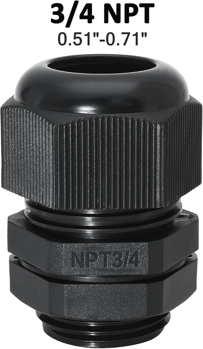 Bonsicoky 10 Pcs 3/4" NPT Nylon Cable Glands, IP68 Waterproof Adjustable Cord Grip Cable Connector Strain Relief Wire Protectors for 13-18mm Cable Diameter, Black