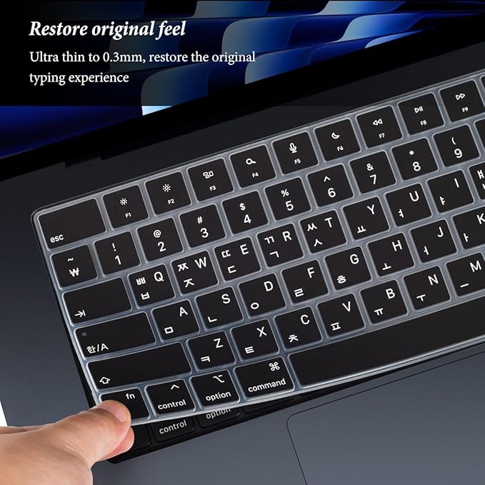 Korean Keyboard Cover for Apple 2026 2025 2024 2023 MacBook Air Laptop with M5 M4 M3 M2 chip 15.3-inch A3448 A3241 A3114 A2941,MacBook Air 13.6 inch A3449 A3240 A3113 A2681 Skin Protector-Black