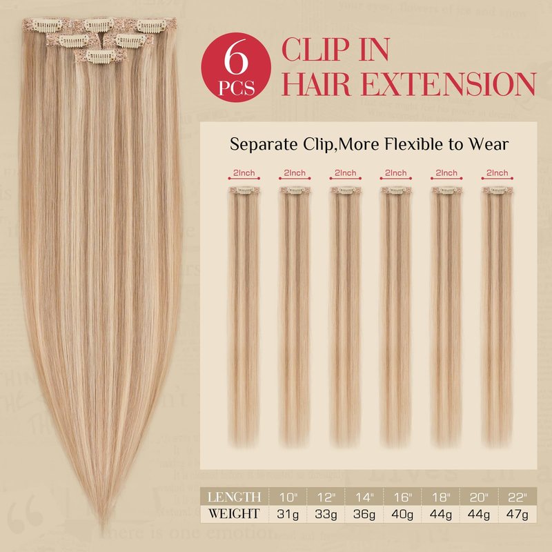 Rich Choices Real Human Hair Clip In Extensions-6 Pcs Single Clip Design-Invisible Clip in Extensions for Thin Short Hair-Hairpieces for Women-10 Inches #12P613 Golden Brown Highlighted Bleach Blonde