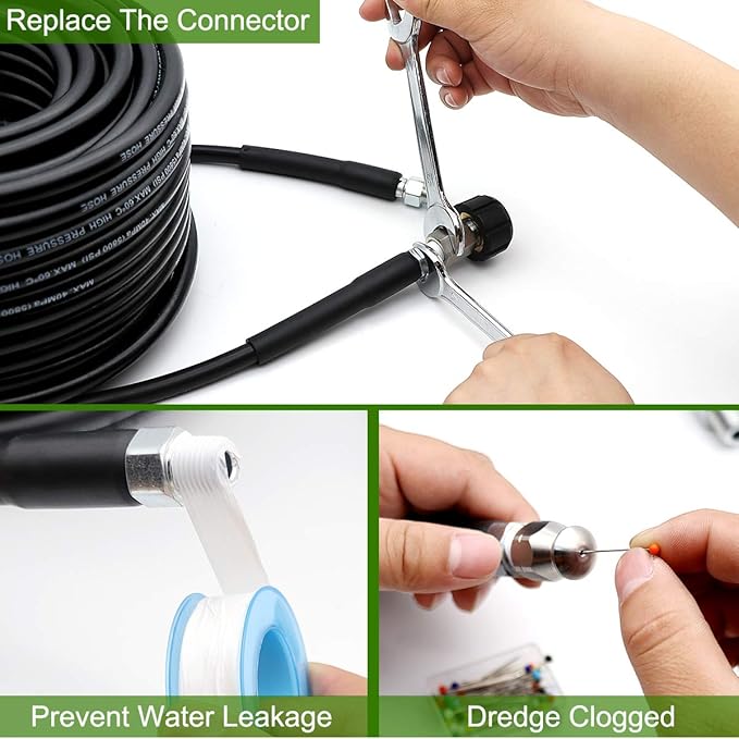 200FT Sewer Jetter Kit for Pressure Washer, 5800PSI Drain Cleaner Hose 1/4 Inch NPT, Corner, Rotating and Button Nose Sewer Jetting Nozzle Waterproof Tape Pearl Corsage Pin with 2Pcs Spanner