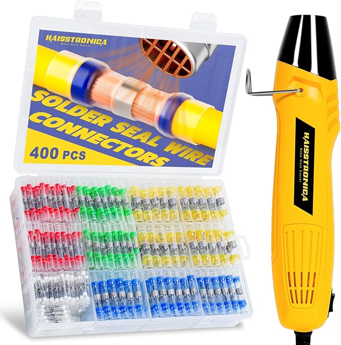 haisstronica 400 PCS Solder Seal Wire Connectors with Mini Heat Gun Kit, Waterproof Heat Shrink Wire Connectors, 10-26 AWG Solder Stick Wire Connectors for Automotive, Marine & Wiring Repair