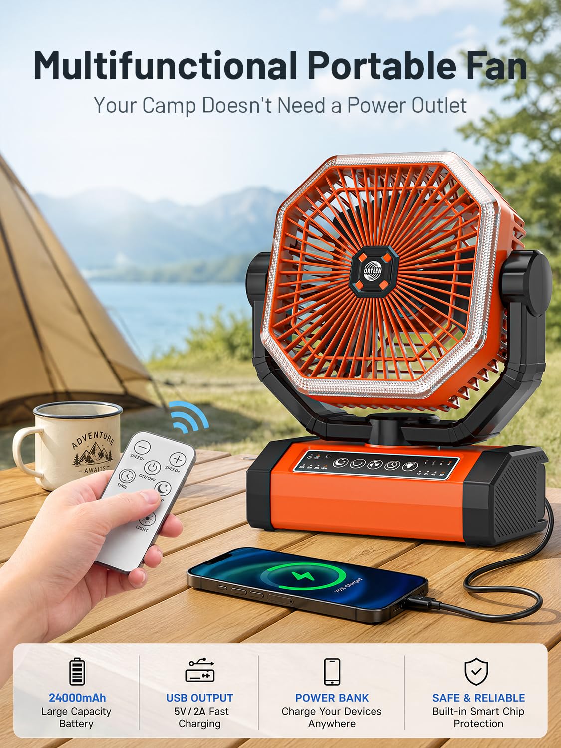 Battery Powered Fan - 9-Inch Rechargeable Fan Portable, 24000mAh(60Hrs) Camping Fans for Tent, Auto Oscillation Cordless, Tent Fans for Camping with Remote/light, 4 Speeds, 4 Timing, Outdoor