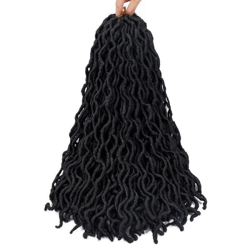 18 Inch Goddess Faux locs Crochet Hair 6 Packs/Lot Soft Gypsy Locs Wavy Crochet Braids Dreadlocks Curly Wavy Twist Braiding Hair Extensions African Roots Braid（1B)
