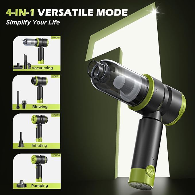 Handheld Car Vacuum Portable Cordless with 2000mAh Battery, 4 in 1 Handheld Vacuum Cleaner and Air Duster ,15000PA Portable Mini Hand Held Vacuum Rechargeable for Home, Car, Office, Pet Hair（Green）