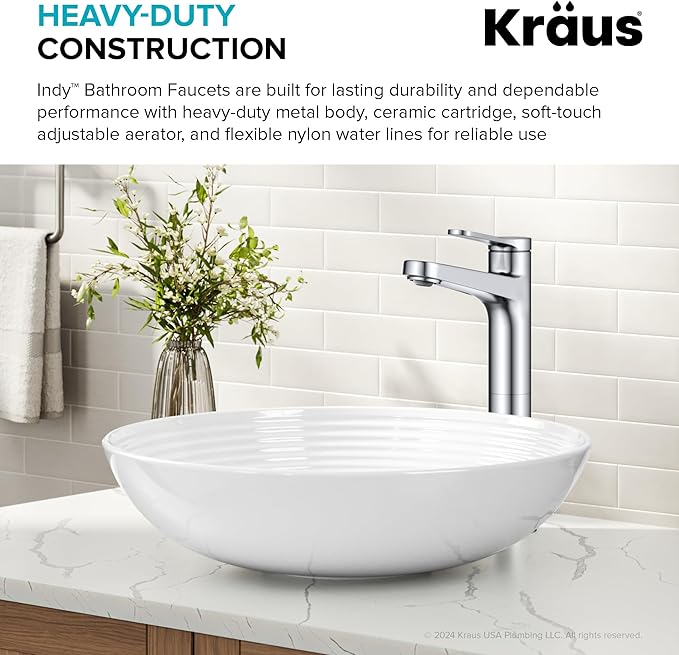 KRAUS Indy Bathroom Faucet for Vessel Sink in Chrome with Single Handle, Pop Up Drain and Supply Lines, KVF-1410CH