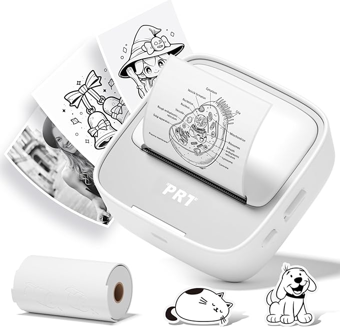 PRT Mini Sticker Printer, Portable Thermal Printer with 1 Roll Sticker Paper, Inkless Sticker Maker, Bluetooth Label Printer for Study Notes,Lists,Pictures,DIY Creations Printers for Home Use, Grey