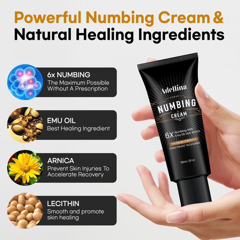 Adellina Numbing Cream Maximum Strength: Long Lasting Extra Soothing with Arnica and Elmu Oil (2 Fl Oz (Pack of 1))