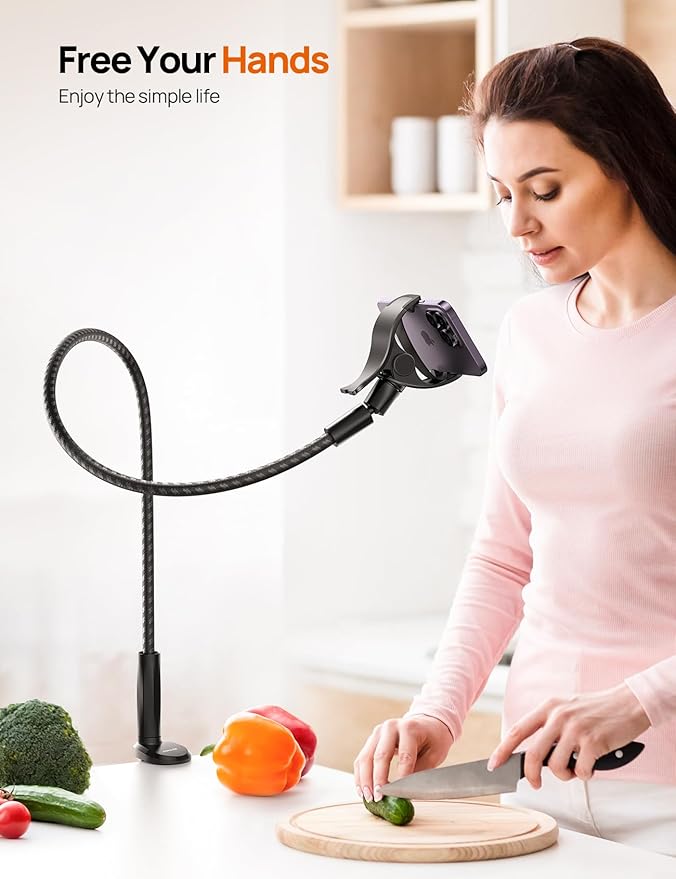 Aomiker Gooseneck Phone Holder for Bed - [Unique Nylon Braid] 38” Long Flexible Lazy Arm Clip, 360 Adjustable Overhead Phone Mount for iPhone 15 14 13 12 11 Pro Max Mini Plus, All 4-7" Cellphone