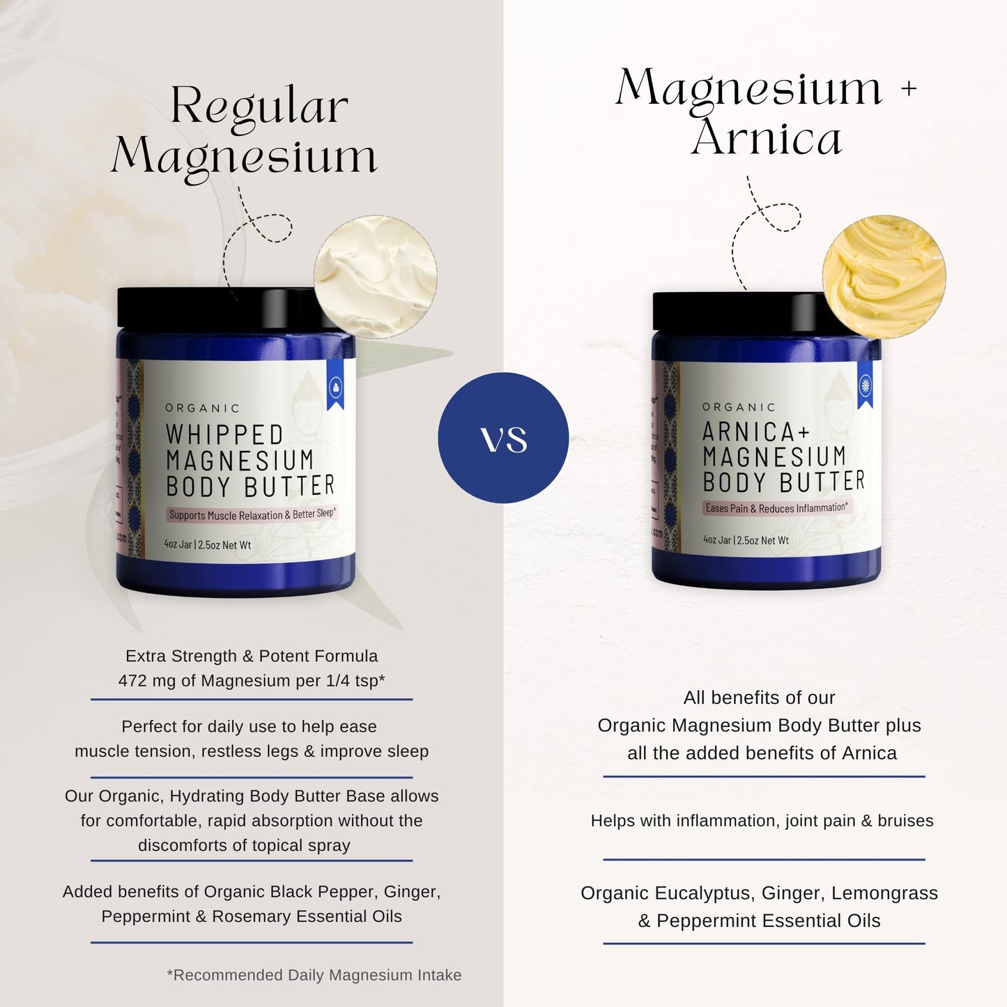 Organic Arnica + Magnesium Whipped Body Butter, 4 oz Jar, Extra Strength Formula with Premium Quality Magnesium Choride, Natural Comfort for Muscles & Joints, All-Natural