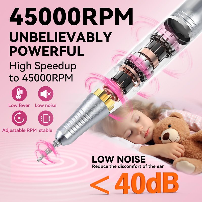 45000RPM Professional Portable Nail Drill Electric File with Pink diamond， Rechargeable Nail E File Machine with Bits & Clean for Acrylic Nails Remove Nail Gel Polish Manicure, Cordless