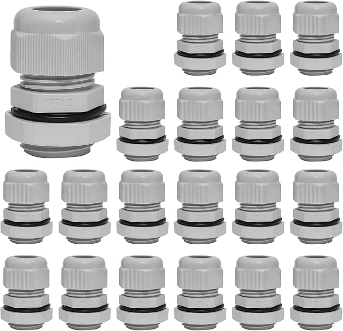 Bonsicoky 20 Pcs 1/2" NPT Nylon Cable Glands, IP68 Waterproof Adjustable Cord Grip Cable Connector Strain Relief Wire Protectors for 6-12mm Cable Diameter, Grey