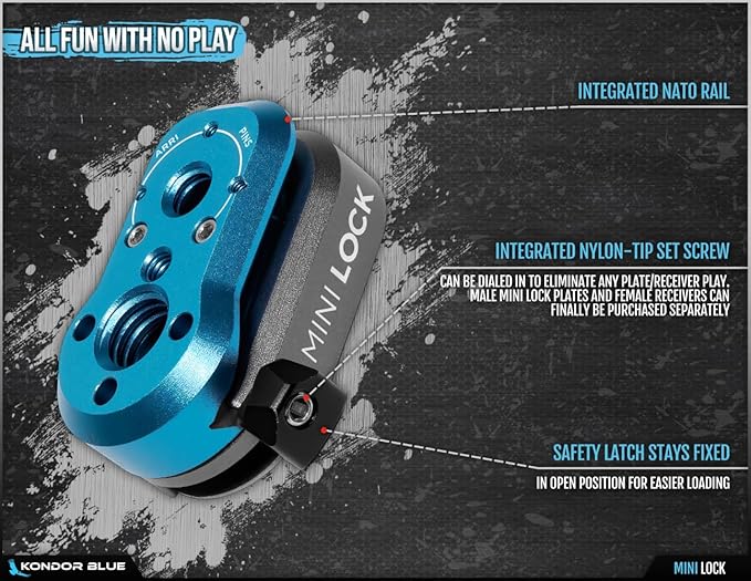 KONDOR BLUE | Mini Lock Quick Release Plate System | NATO Rail, ARRI-Style Anti-Twist, 1/4-20 & 3/8-16 Mounts, Zero Play Locking for Monitors, Arms, Accessories | Blue