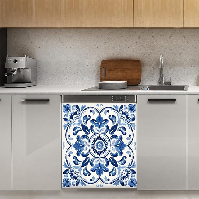 Dishwasher Magnet Cover Blue Ethnic Flower Paisley Reusable Dishwasher Magnetic Cover Sticker Decorative Dish Washer Door Cover Panel for Home Kitcen Appliance, 21x26 in