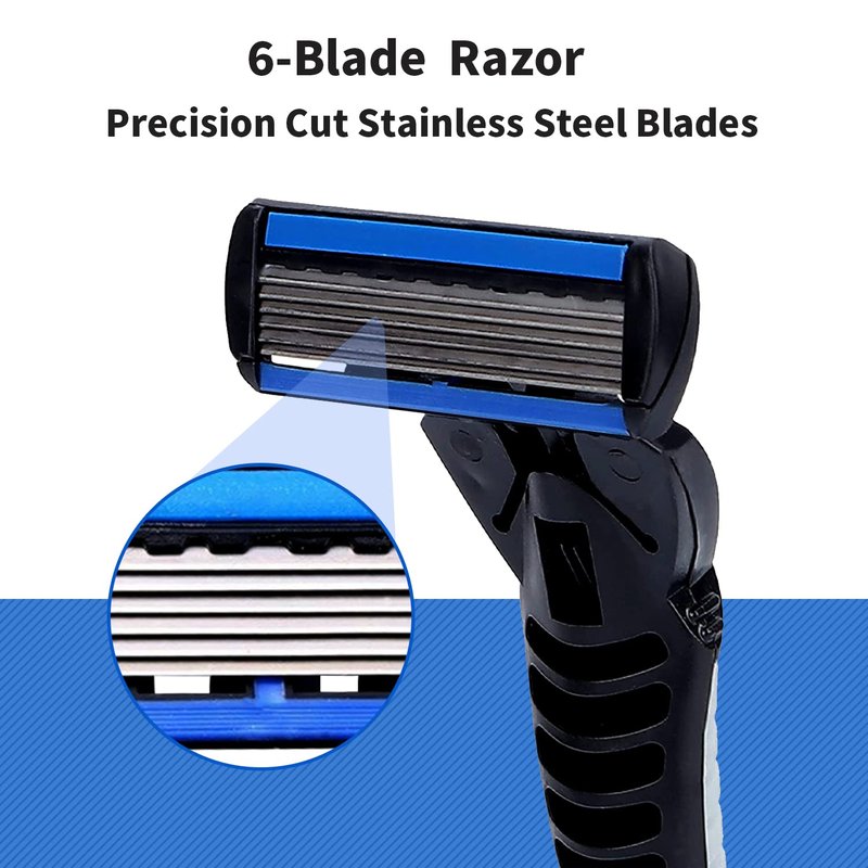 6-Blade Razor,Plastic Anti-slip Men Manual Refill Cartridges razors, Reusable Face Cleansing Care Tool, 30 pcs refill cartridges, Shave Supplies for Men and Women - Black