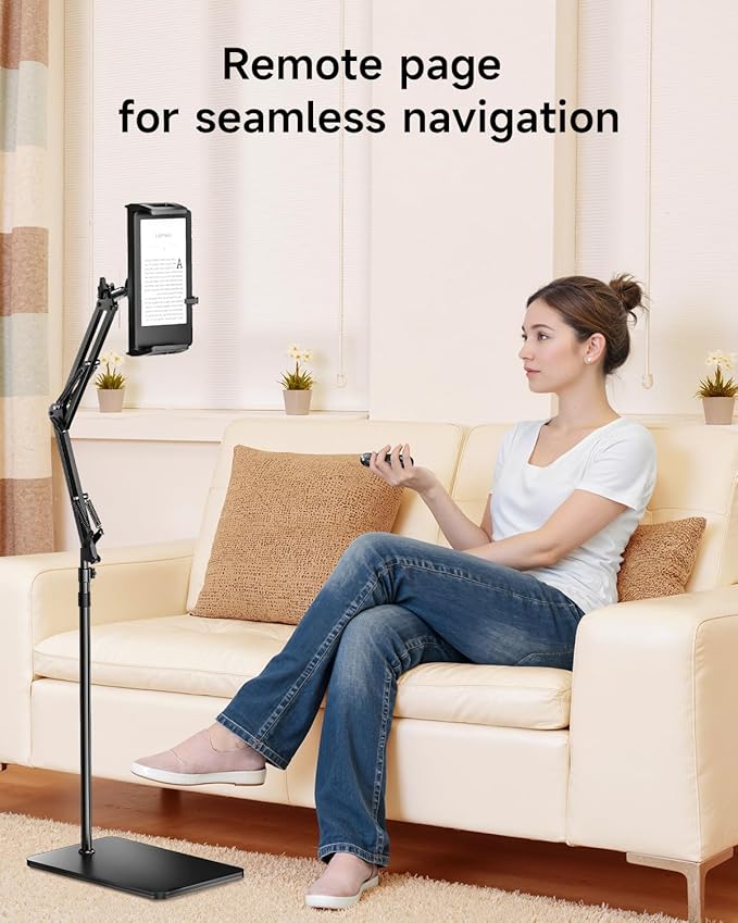 UNIBITRI Floor Stand for Kindle with Remote Page Turner, Holder Stand for Reading in Bed with Clicker – for Kindle Paperwhite, Oasis,Tablet, iPhone and More 4.7-11 inch, Black Remote