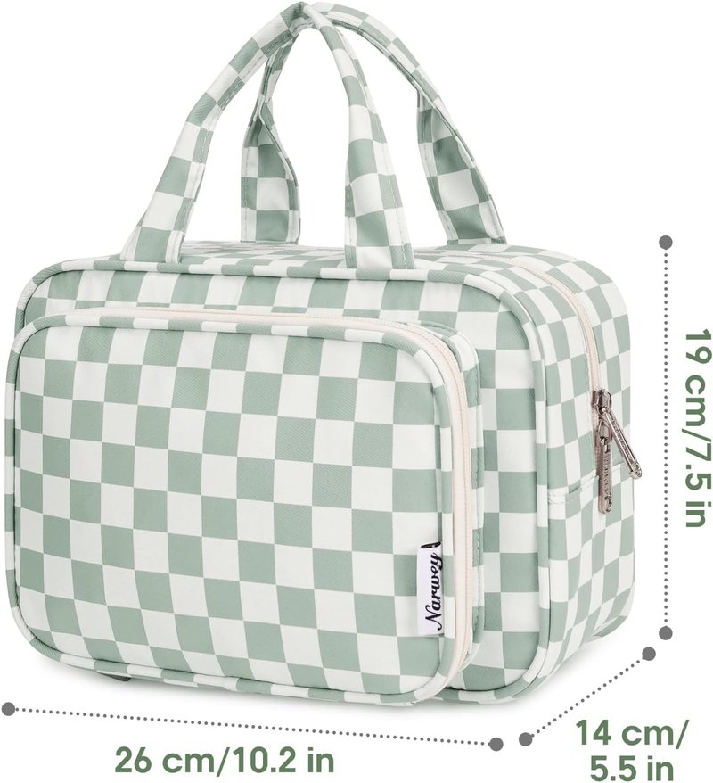 Large Travel Toiletry Bag - Checkered Makeup Organizer for Women | Mint Green