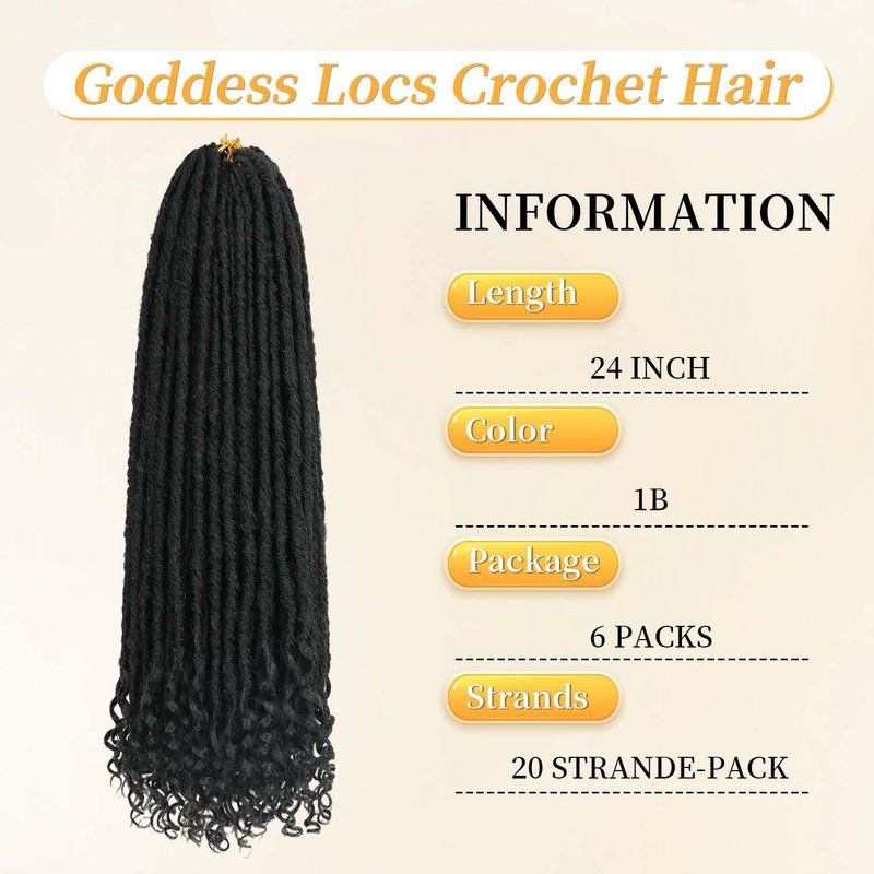 6 Packs Goddess Locs Crochet Hair, 24 Inch Straight Faux Locs Crochet Braids, Pre-Looped Curly Soft Synthetic Braiding Hair Extensions for Black Women(24 Inch, 6 Packs, 1B#)