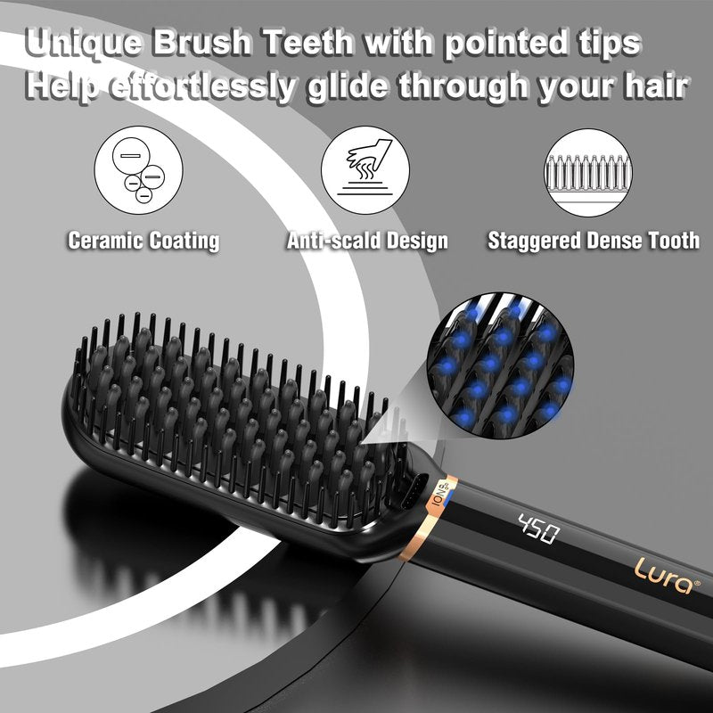 LURA Ionic Hair Straightener Brush,Dual Voltage Hair Straightening Brush for Women,High Heat Flat Iron Brush for Black Women，Ceramic Hair Straightener Comb with 6 Adjust Temperature