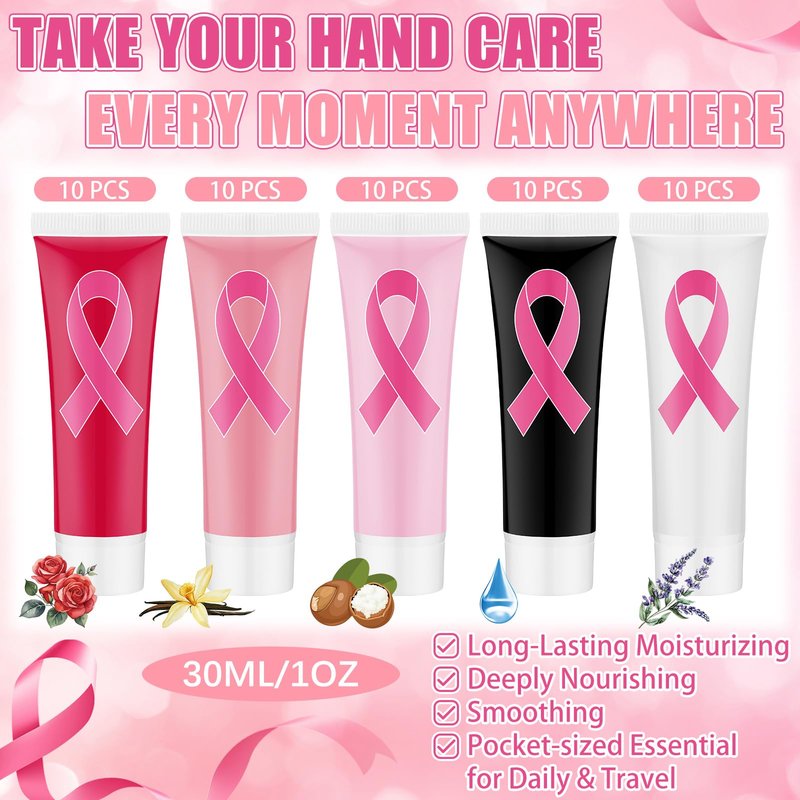 Heigble 50 Pcs Christmas Hand Cream Gifts Bulk Breast Cancer Awareness Hand Cream Gifts Pink Ribbon Favors Accessories Favors Breast Cancer Awareness Month Support Survivors Christmas Party Supplies