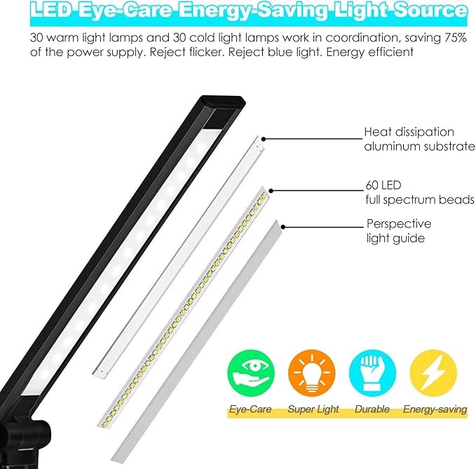 JOSTIC LED Desk Lamp with Wireless Charger, USB Charging Port, 10 Brightness, 5 Color Modes, Desk Lamps for Home Office, Dimmable Table Lamp Eye Caring Reading Light, Touch Control, Auto Timer, Black