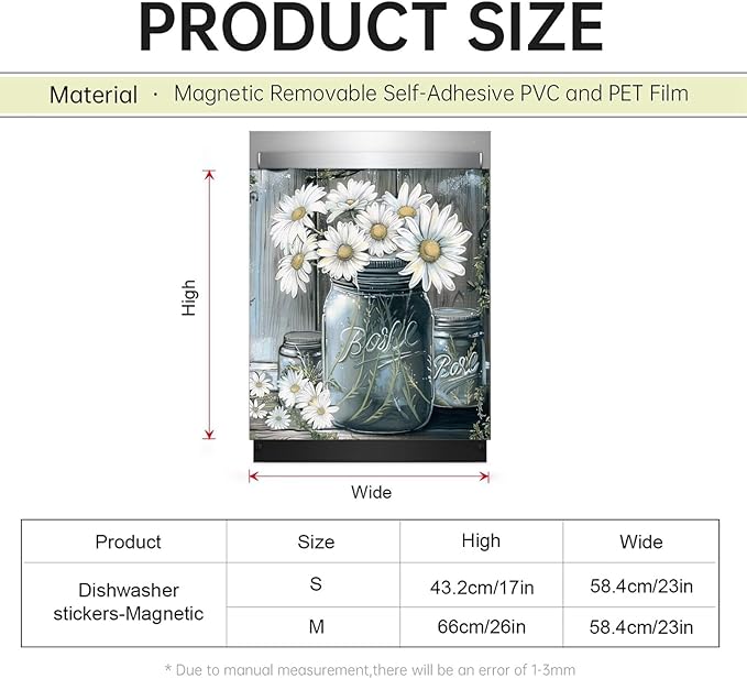 Country Daisies Dishwasher Magnet Cover for The Front, Still Life White Flowers Reusable Magnetic Dishwasher Sticker, Vintage Vase Floral Kitchen Appliances Panel Decal (23" x 17" Magnetic)