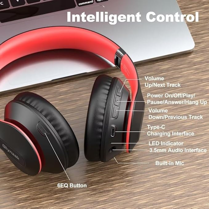Glynzak Wireless Bluetooth Headphones Over Ear 65H Playtime HiFi Stereo Headset with Microphone and 6EQ Modes Foldable Bluetooth 6.0 Headphones for Travel Smartphone Computer Laptop