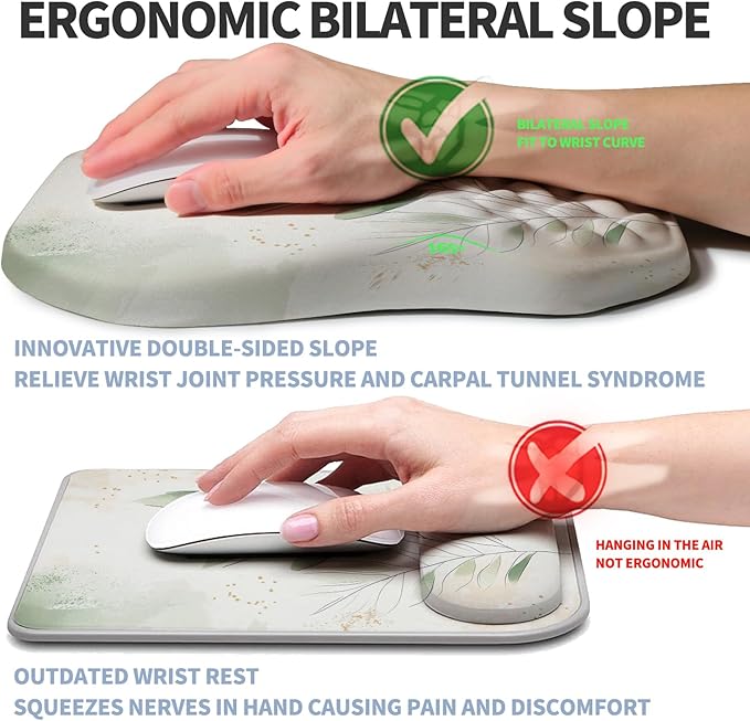 Gleamtide Ergonomic Raised Mouse Pad Wrist Support with Bilateral Slope Memory Foam Mousepad for Wrist Rest and Carpal Tunnel Pain Relief 11.8x7.9〃 Green Leaf