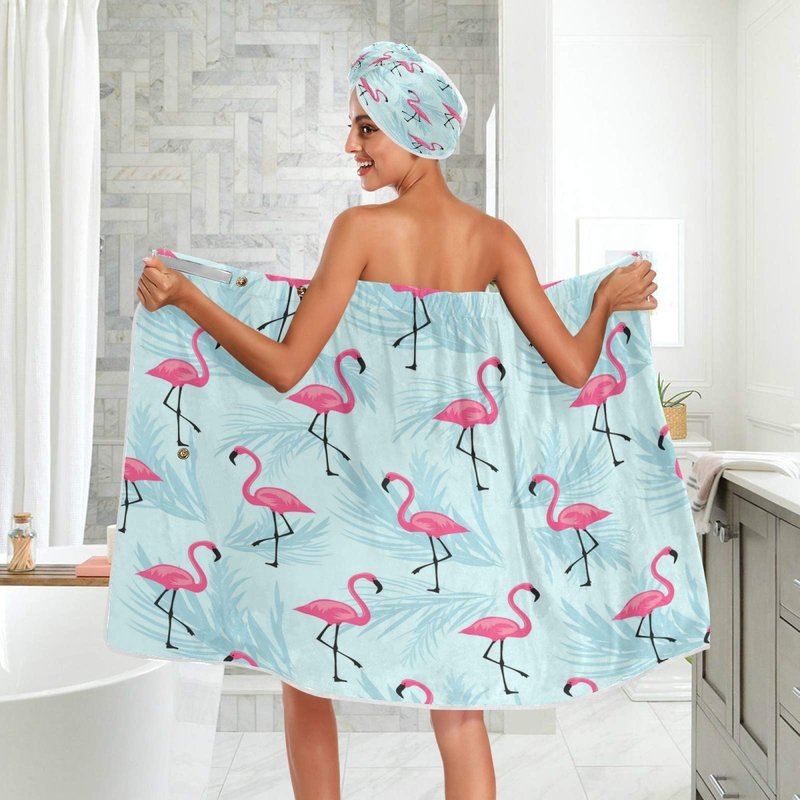 ATTX Flamingo Blue Leaf Towel Wrap with Dry Hair Cap & Headband for Women – Women’s Comfortable Shower & Bath Wrap with Adjustable Closure