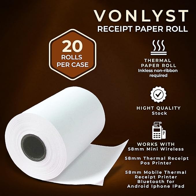 Vonlyst Receipt Paper Roll for 58mm Mobile Portable Thermal Printer (Pack 20 rolls)