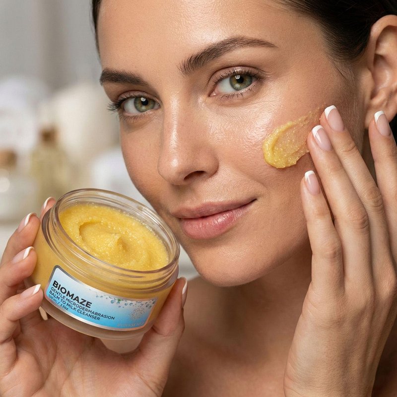 YUNASENCE Biomaze Natural Microdermabrasion Balm to Milk Cleanser, Melting Cleansing Balm for face. With Shea Butter, Sea Buckthorn, Vitamin E, Rice Fibers.