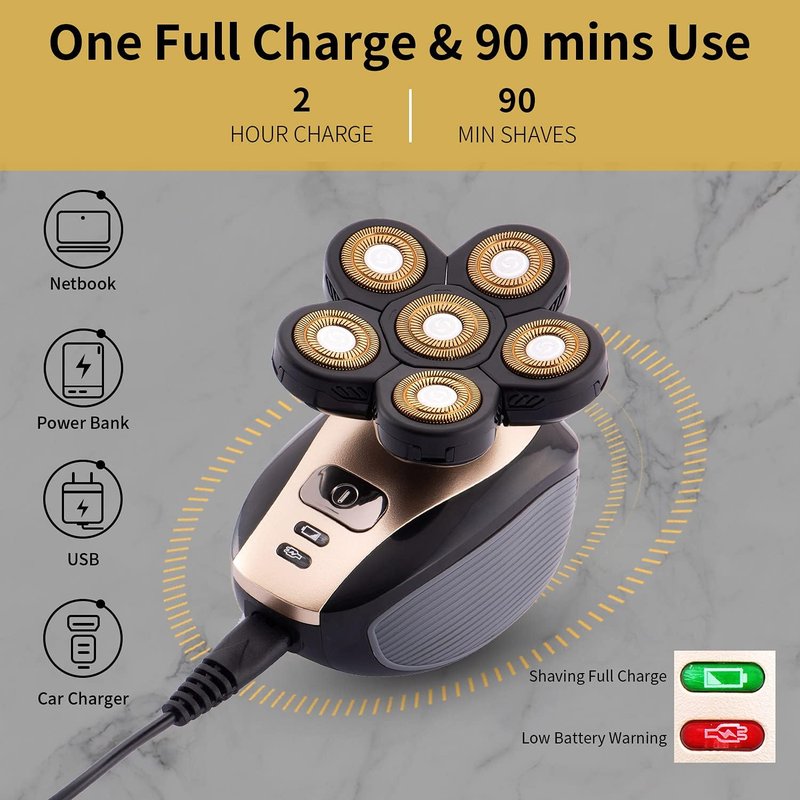 Multifunctional Bald Head Shaver - Waterproof Cordless Electric Razor Grooming Kit for Men | Gold Finish