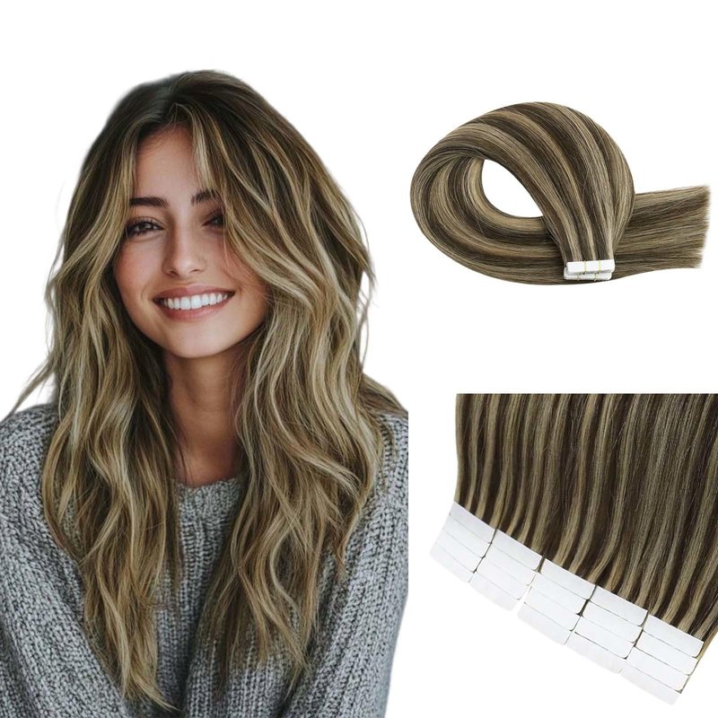 GEELOOK Tape in Hair Extensions Human Hair 18inch Skin Weft Straight Thick Natural with 12 Pieces Replacement Tape 20pcs 50g Chocolate Brown mixed caramel blonde #4/27/4