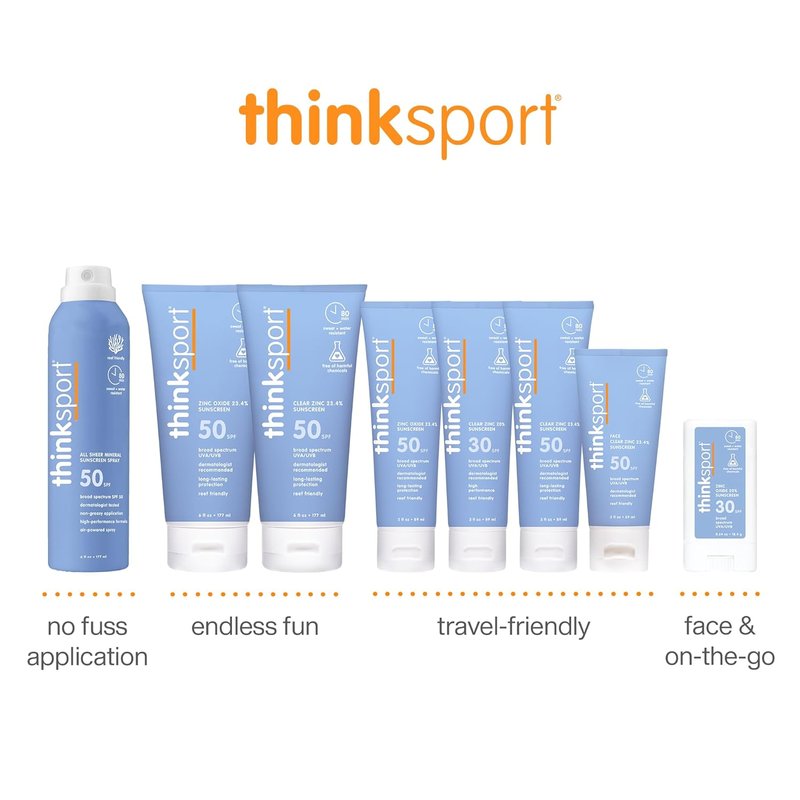Thinksport SPF 50+ Mineral Sunscreen - Clear Zinc Oxide, Water-Resistant, Vegan | 6 Fl Oz
