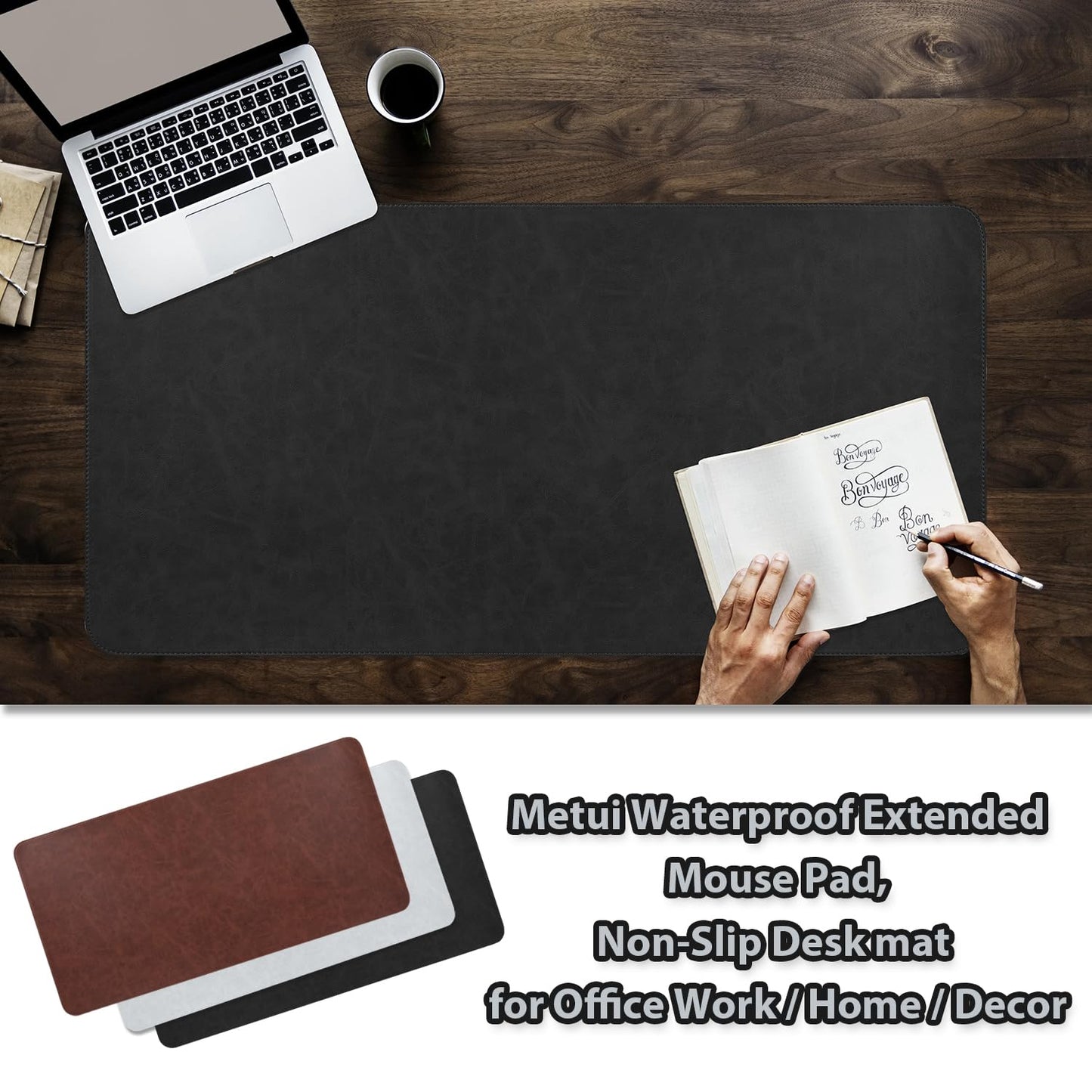 Leather desk pad for computer and laptops, Ideal for gaming and office use, Large mouse pad and keyboard mat, desk mat special for man. A complimentary wrist pad and phone stand. (Black, 17.7"x 39.37)