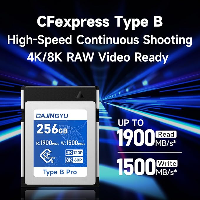 DAJINGYU 256GB CFexpress Type B Memory Card Up to 1900/1500 MB/s Read/Write- Shooting Video and Photo 4K/120P RAW Compatible with Nikon Canon panasonic Fujifilm Camera