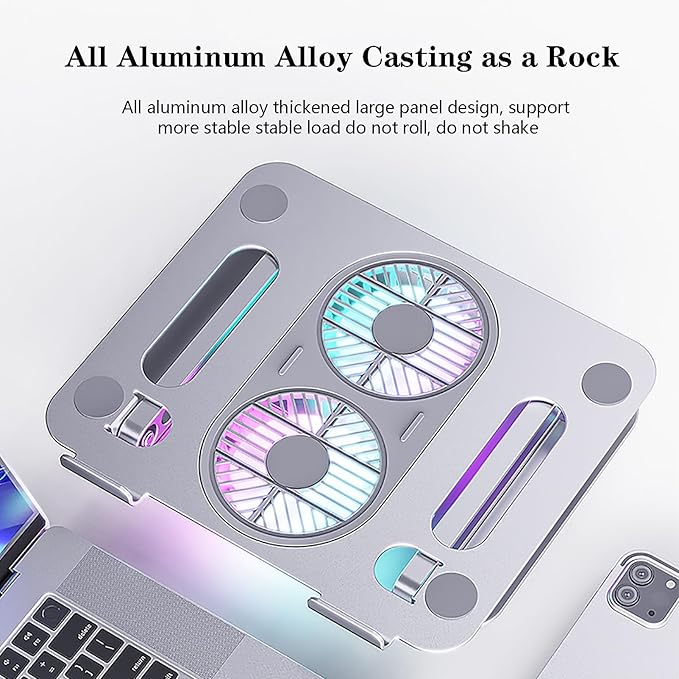 Eiyikof Adjustable Laptop Stand Laptop Cooling Pad with Fan USB Hub Compatible with 10 to 15 Inches Notebook Computer, Ergonomic Computer Riser for Desk, Aluminum Alloy Laptop Radiator-Silver