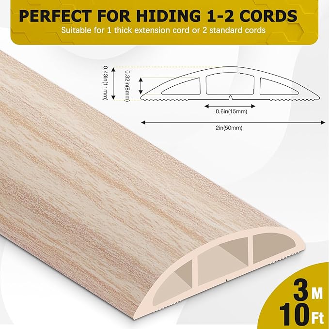 JAHOMFAI Floor Cord Cover 10FT Cord Covers for Wires on Floor Protect Wires & Prevent Trip Hazards, Easy to Cut for Home, Office, School, Concerts, Cavity W0.6in x H0.32in