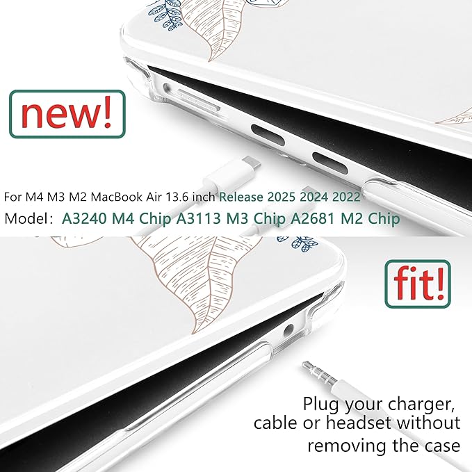 TWOLSKOO for MacBook Air 13 inch Case M4 A3240 M3 A3113 M2 A2681 2025 2024 2022 Plastic Hard Shell, Keyboard Cover, Type C Adapter, Screen Protector for MacBook Air 13.6 inch, Engraved Sketch