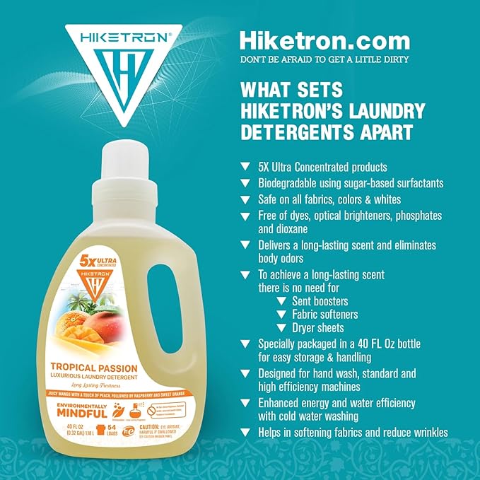 Hiketron Tropical Passion Liquid Laundry Detergent, 5x Ultra Concentrated, Tough Stains Remover, Long Lasting Scent (40 Fl Oz, Pack of 1)