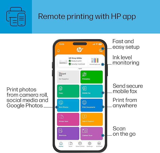 HP Envy 6155e Wireless All-in-One Color Inkjet Printer, Portobello, Print, scan, copy, Duplex printing Best-for-home, 3 month Instant Ink trial included, AI-enabled (714L5A)