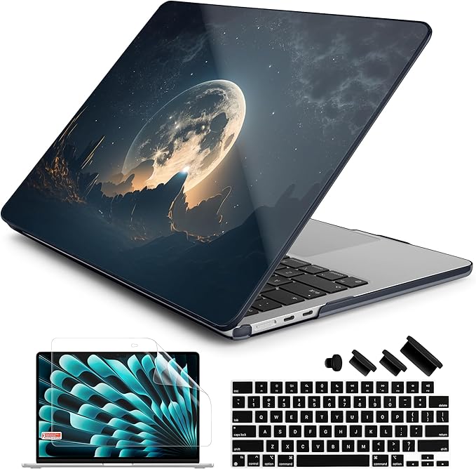 Batianda Premium Case for New MacBook Air 15 inch with M5 M4 M3 M2 Chip 2026 2025 2024 2023 Release, Designed Ultra-Slim Hardshell & Keyboard Cover & Screen Protector 4-in-1 Bundle, Moon in Sky
