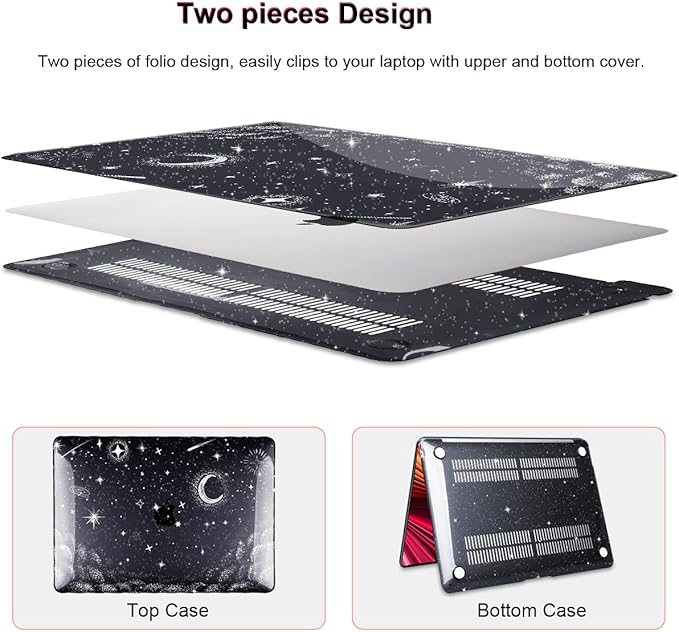 LCMOCICO for MacBook Air 13 inch Case 2021 2020 2019 2018 Release M1 A2337 A2179 A1932, Glitter Crystal Black Pritned Pattern Plastic Hard Case Cover for Mac Air 13.3" M1 Touch ID, Stars & Moon