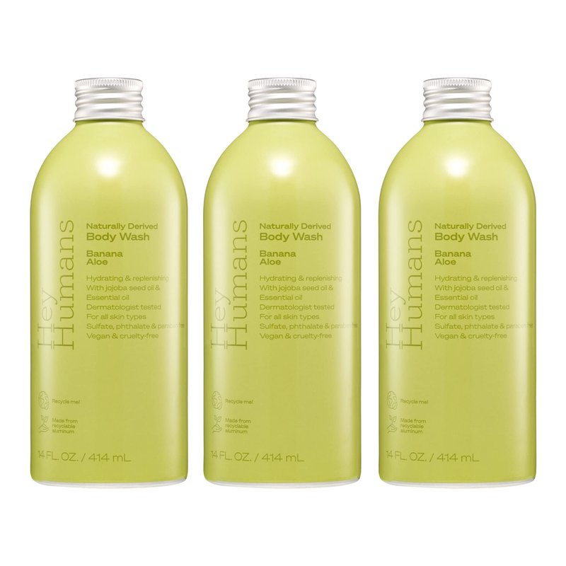 Hey Humans Banana Aloe Moisturizing Body Wash with Natural Ingredients & Jojoba Oil | Clean, Vegan, Sulfate Free Bath & Body Wash for Women & Men | Recyclable Bottle, 14 fl. oz. - Pack of 3